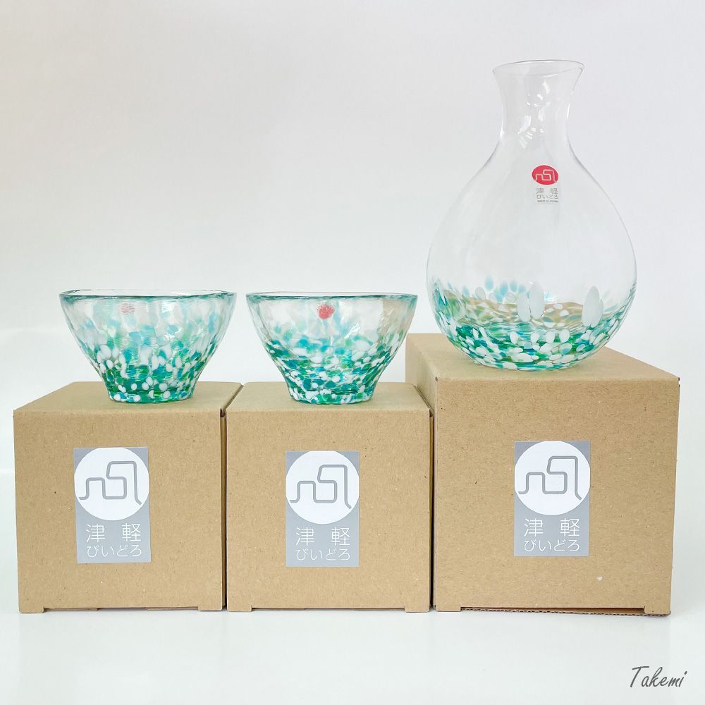 津軽びいどろ みずばしょう 水芭蕉 酒器セット（ 徳利1個、おちょこ2