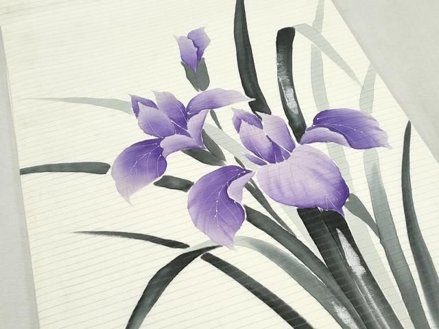 手描き友禅 絽 夏帯 切り帯 作り帯 銀駒 銀彩 杜若 菖蒲 正絹 N010 手描き友禅 絽 夏帯 切り帯 作り帯 銀駒 銀彩 杜若 菖蒲 正絹