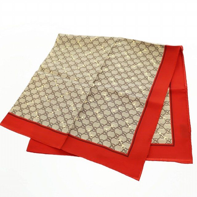 グッチ GUCCI GGパターン ホースビット柄 シルク スカーフ ブラウン 90×90 赤 レッド ブランド古着ベクトル AA ●▲ 250524