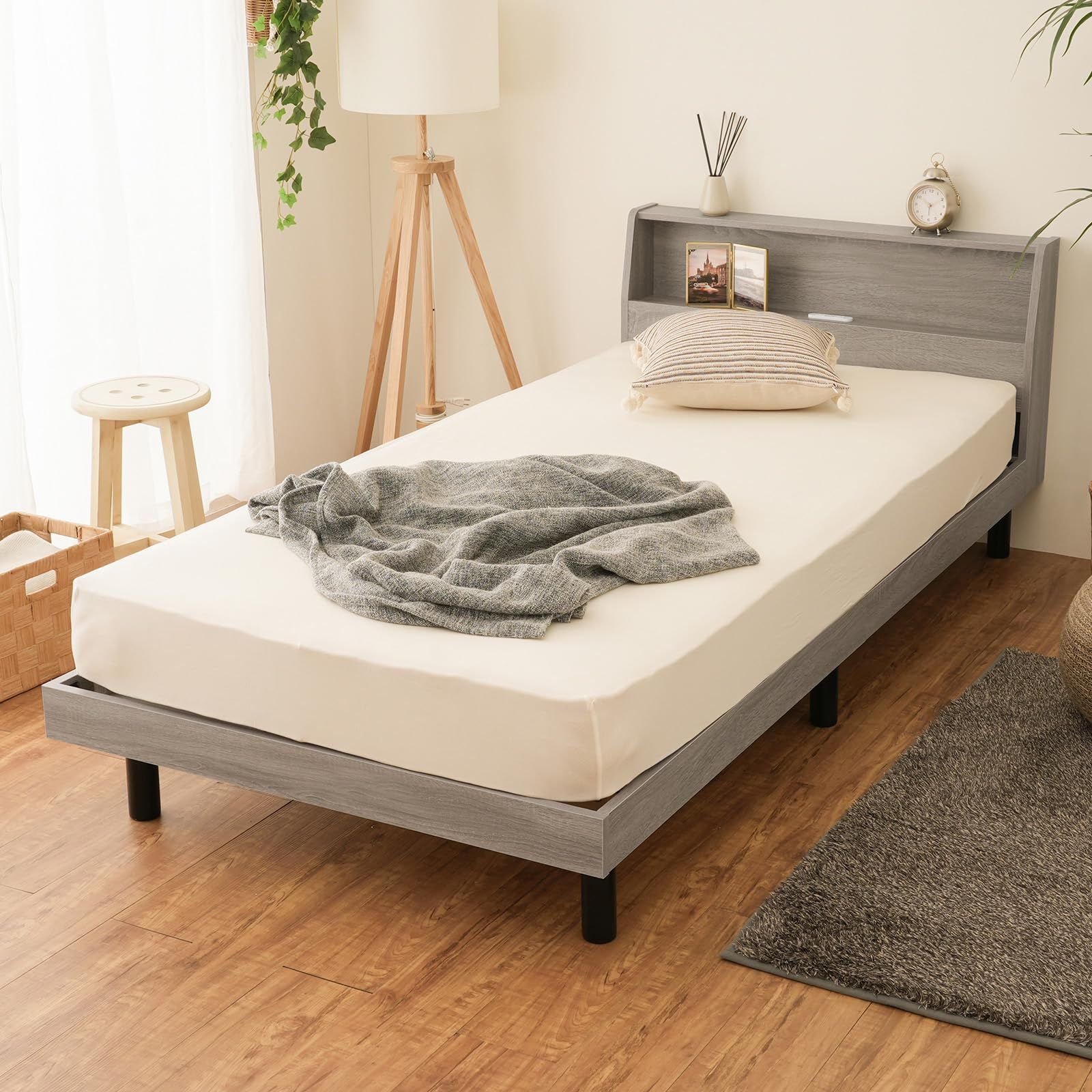 NEO CRASY 棚付きすのこベッド セミシングル グレー 木製 コンセント 高さ調整 耐荷重700kg