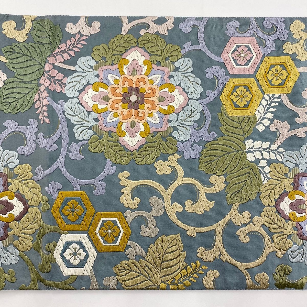 袋帯 美品 名品 華文 桐 唐織 箔 青灰色 六通 正絹 【中古