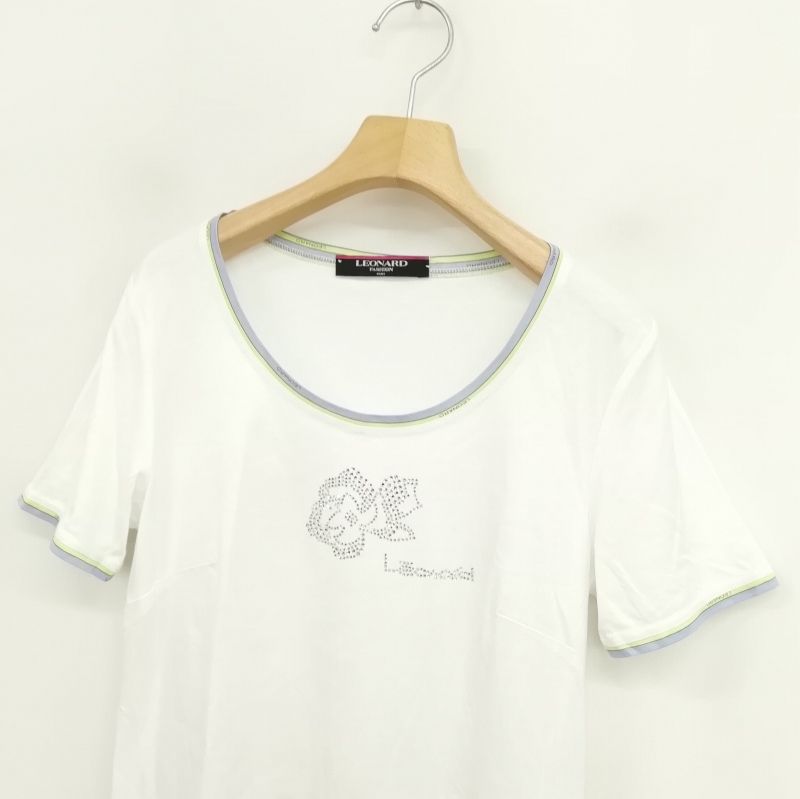 LEONARD - LEONARD(レオナール) 半袖Tシャツ サイズLL レディース - 黒×ベージュ ラインストーン レオナール LEONARD Fashion ラインストーン カットソー Tシャツ
