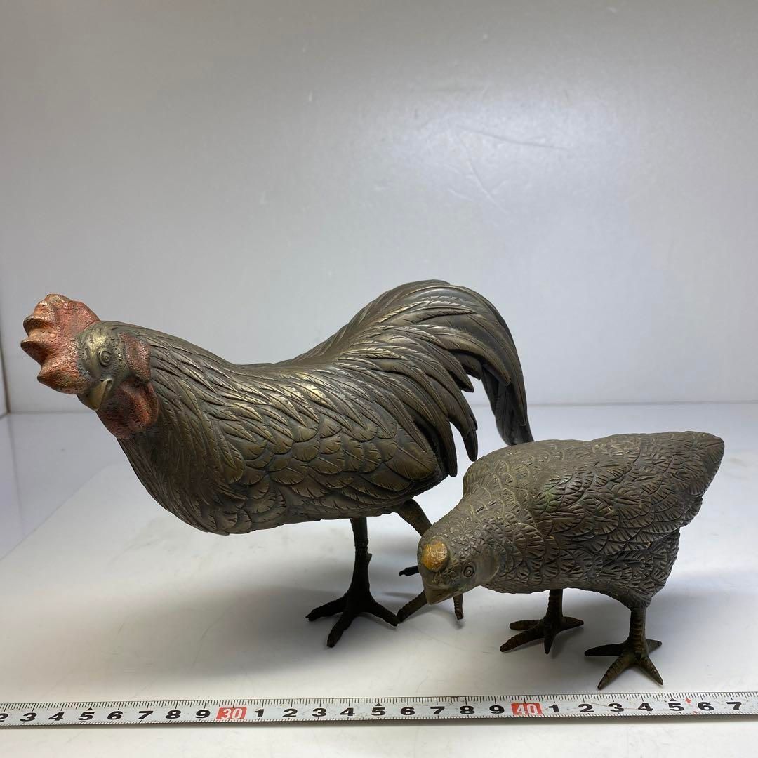 古銅 鶏 置物 一対 1817g タサオ 東な6-0811