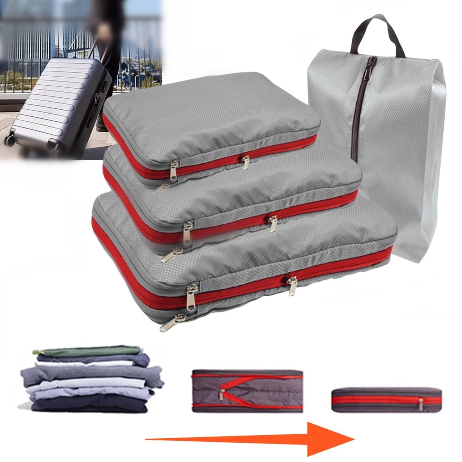 【人気商品】整理用 防水 旅行用 大容量 出張 衣類仕分け収納 多機能 二重層設計 トラベラブ圧縮バッグ 簡単圧縮 シューズケース付き 軽量 最大50％スペース節約可能 4点セットファスナー圧