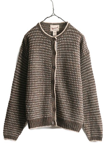 WOOLRICH - 90s ウールリッチ バーズアイ ウール ニット カーディガン レディース L 90年代 オールド Woolrich アウトドア セーター 前開き 総柄 丸首 お得なクーポン配布中!】 90s ウールリッチ バーズアイ ウール