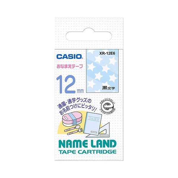 （まとめ）カシオ NAME LANDおなまえテープ 12mm×4m 星柄/黒文字 XR-12E6 1個
