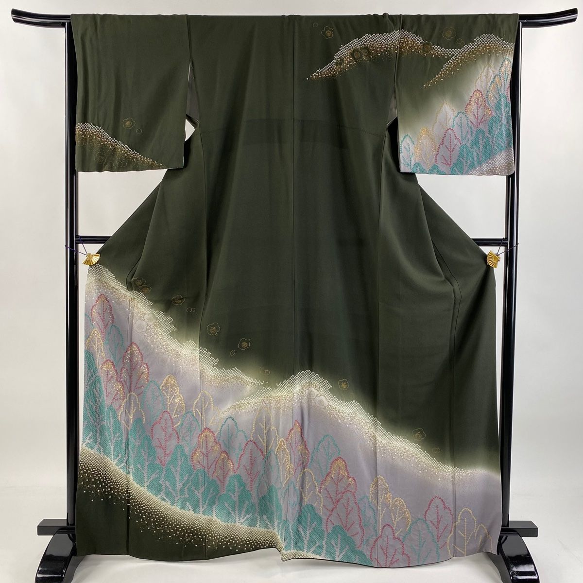 訪問着 身丈167cm 裄丈66.5cm M 袷 樹木 梅 金銀彩 絞り 茶緑色 正絹 秀品
