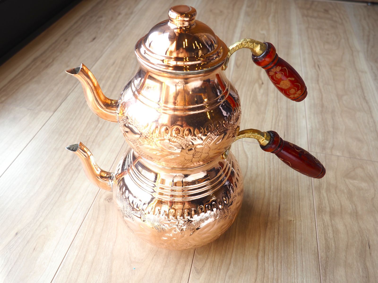 トルコ式ティーポット「大」(チャイダンルック)銅色.花柄 チャイティー