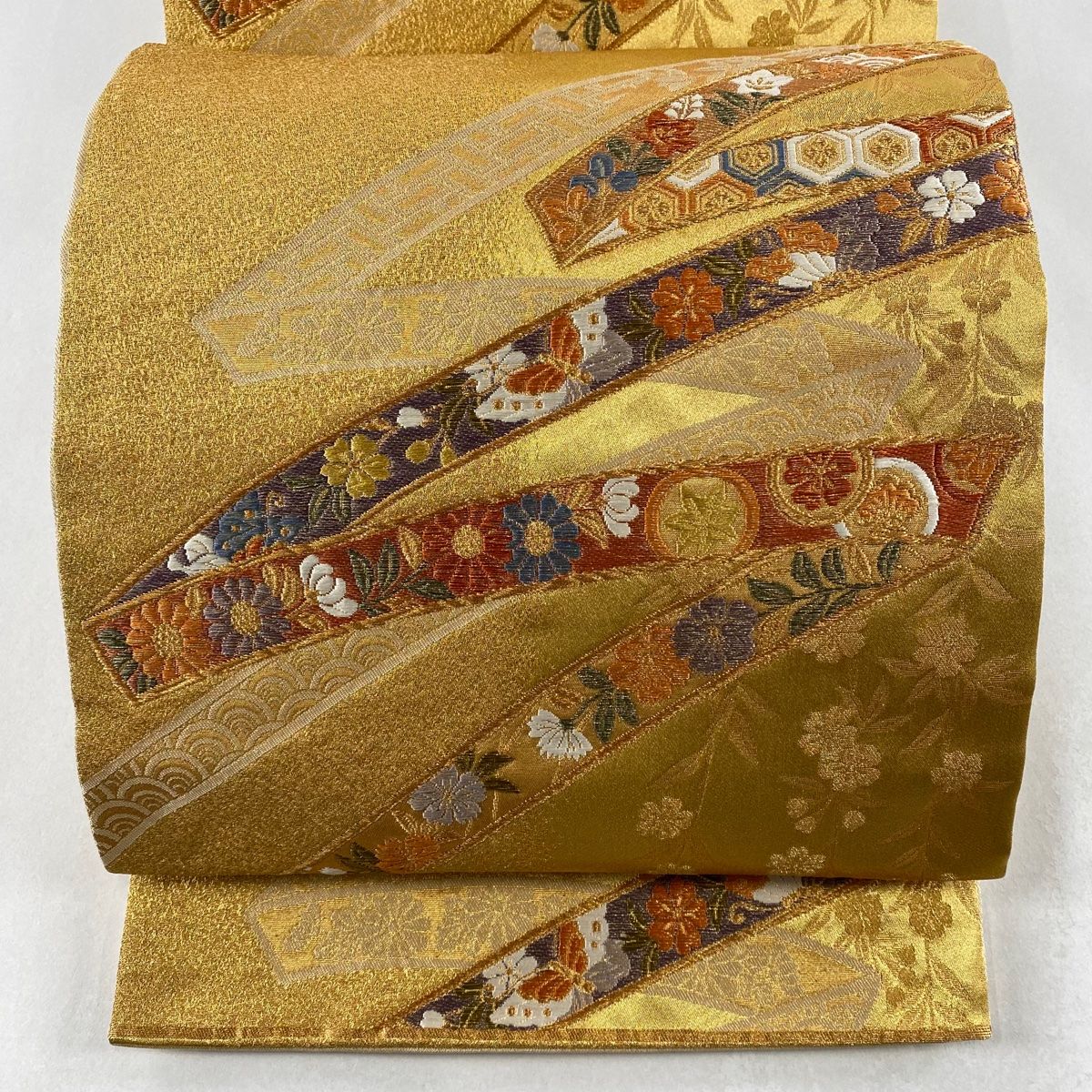 袋帯 秀品 帆船 草花 金糸 箔 金色 六通 正絹 【中古】（袋帯 美