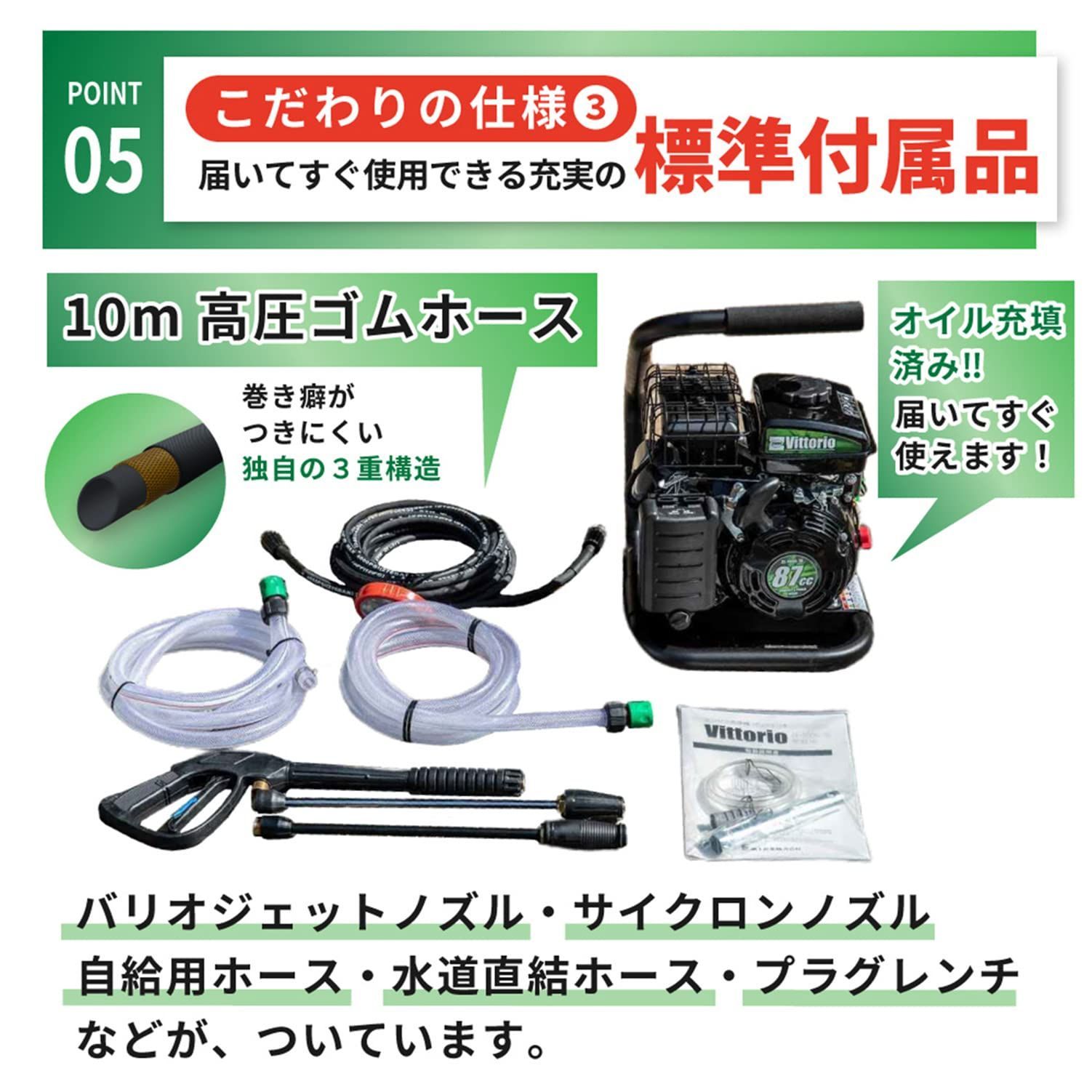 エンジン式高圧洗浄機 ZE-1006-10 最大許容圧力 Vittorio ヴィットリオ 12.0 MPa 常用吐出圧力10.0 小型軽量モデル パワフル洗浄 高耐久ゴムホース サイクロンノズル付