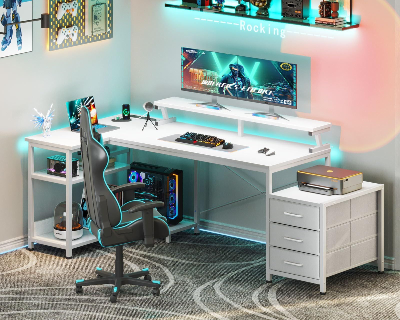 パソコンデスク 引き出し3杯付き ゲーミングデスク コンセント付き l字デスク デスク 机 幅184 146 80 pcデスク 棚付き ODK エル字デスク 収納 コーナーデスク オフィスデスク 在宅勤務 仕事用 組立簡単 ホワイト MARWIL-DEMENAGEMENTS_CH