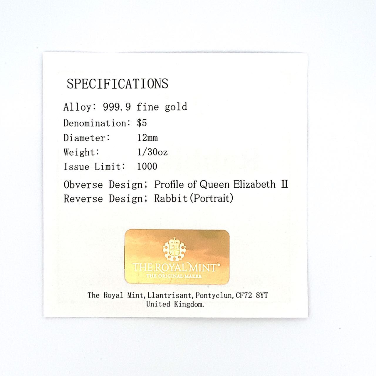 B うさぎ年 卯年 コイン金貨 2025年 RABBIT 1|30oz $5 9999Au 2025年 裏面エリザベスQUEEN ELIZABETHⅡ IMPECCABLEHEALTHCARESERVICES_COM