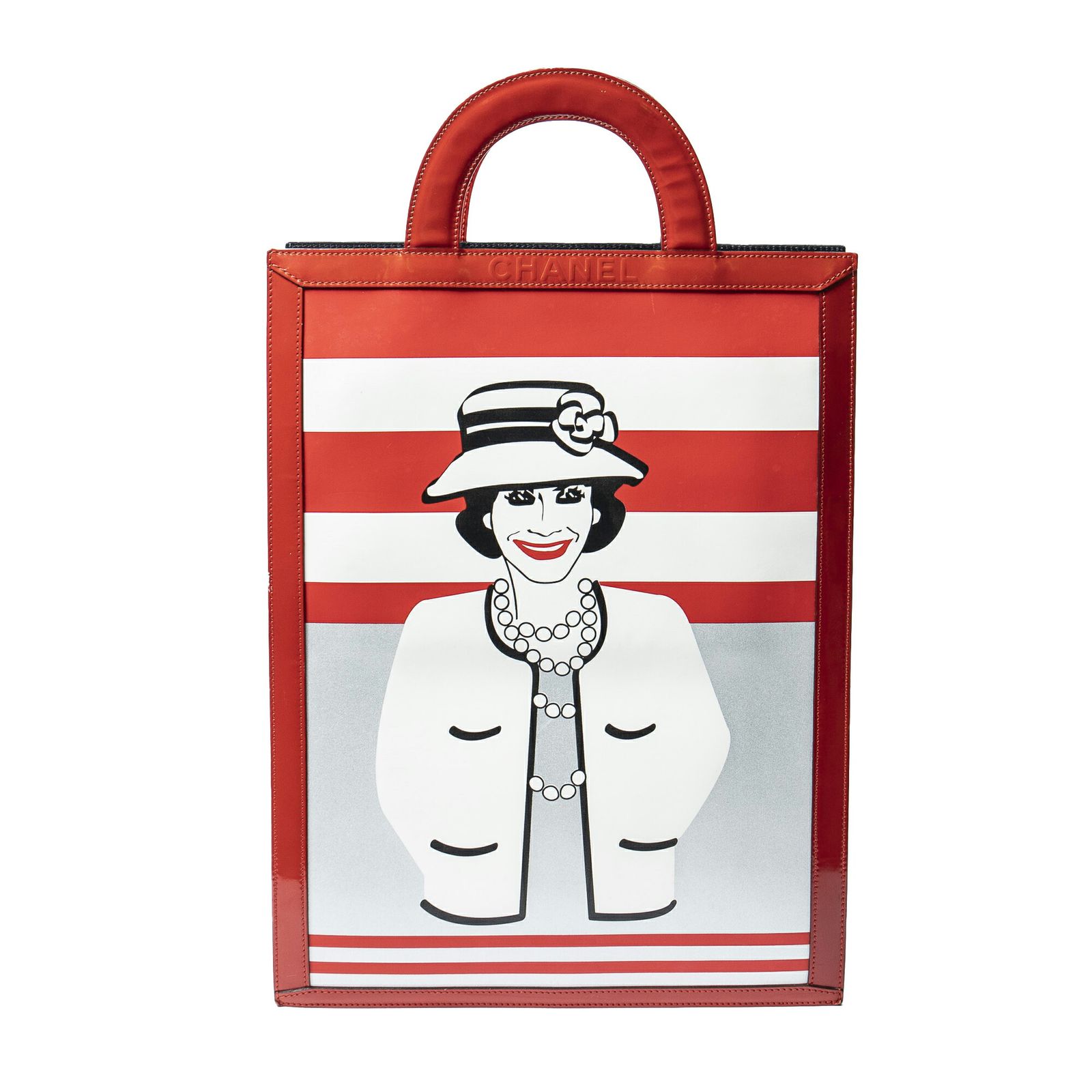 CHANEL シャネル ヴィンテージ ココ マドモアゼル ショートハンドル プリント トート赤 白 黒マドモアゼルプリントレザーA
