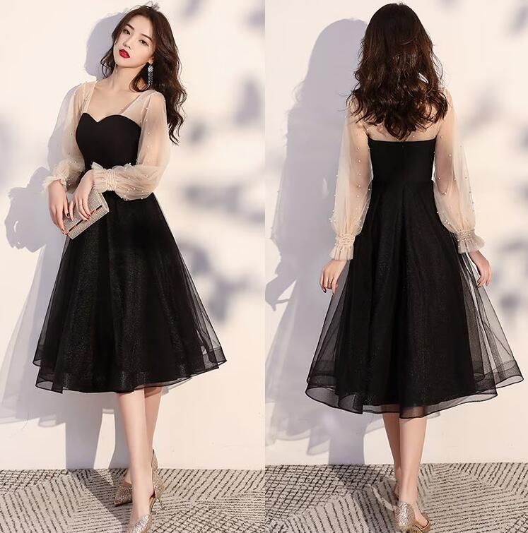 パーティードレス ワンピース ミドル丈 ドレス 結婚式 二次会 お呼ばれフ ォーマル 袖ありXZ0524