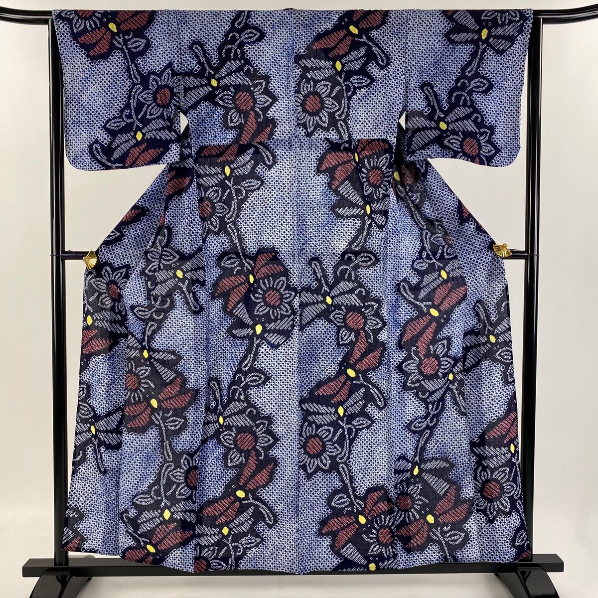 浴衣 身丈158.5cm 裄丈62cm S 絞り浴衣 草花 紺色 綿 美品 名品