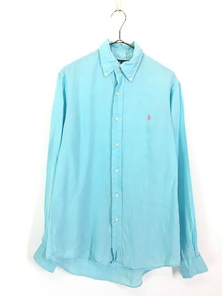 古着 90s Ralph Lauren ワンポイント ソリッド 100% リネン BD シャツ 水色 S 古着 