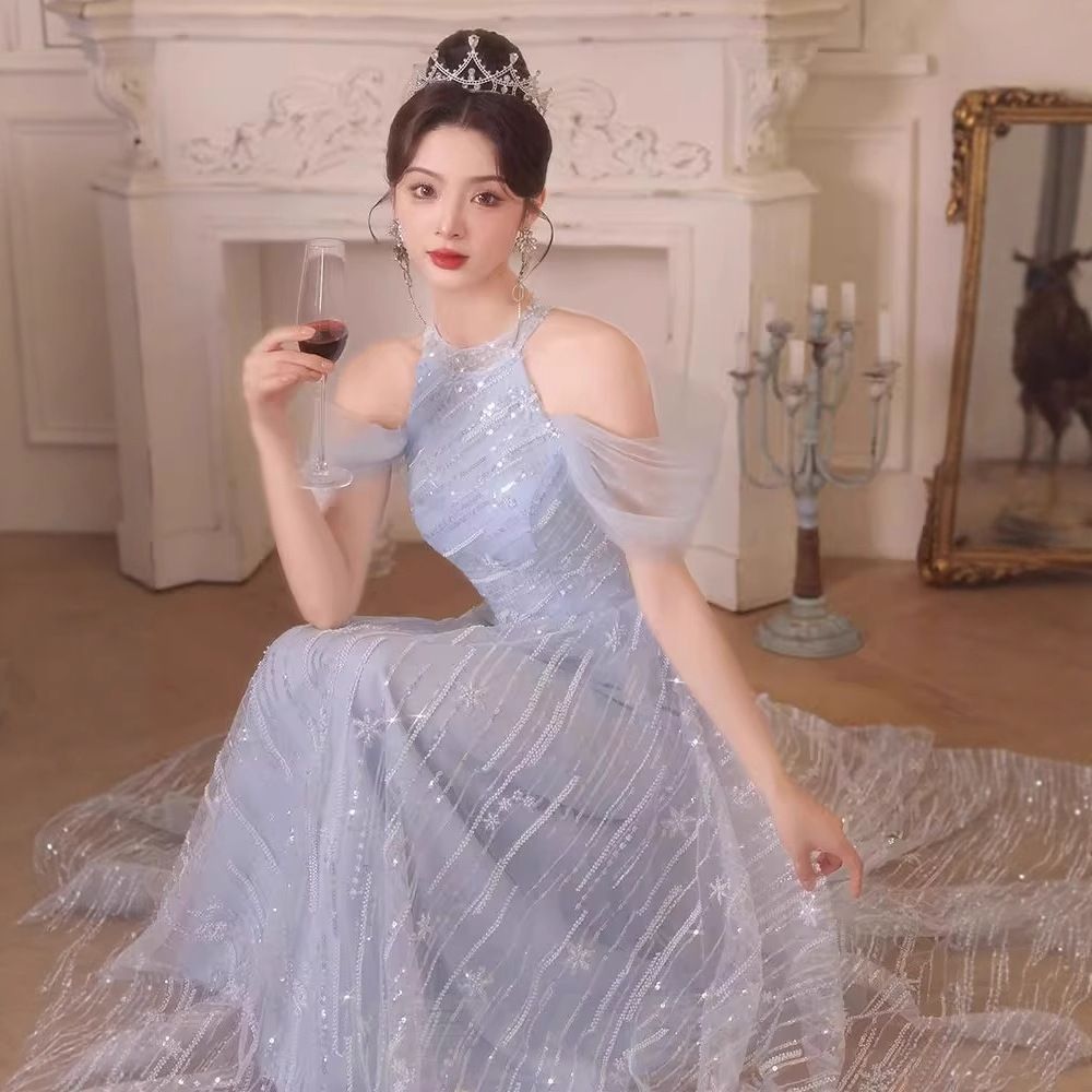 ブルー ロングドレス レディース 無袖 感 成人式 誕生日 卒業式 パーティー 学生 ホステス 演奏会用 おしゃれ Aライン XS-3XLWP 109