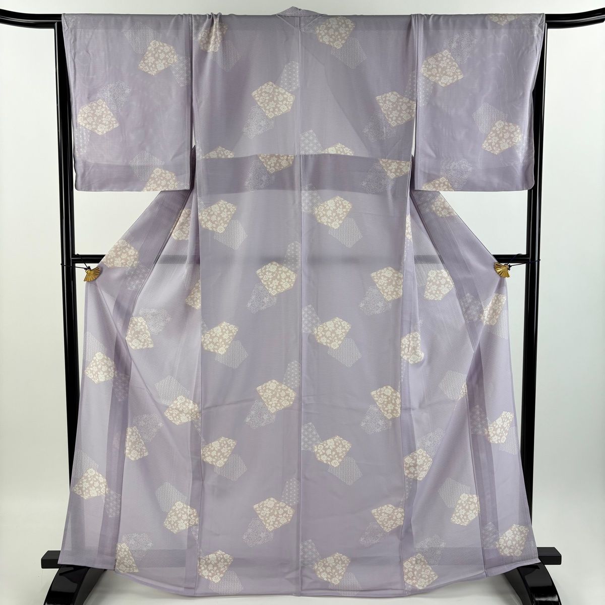 小紋 身丈167cm 裄丈68cm L 薄物 絽 草花 幾何学模様 薄紫 正絹 秀品