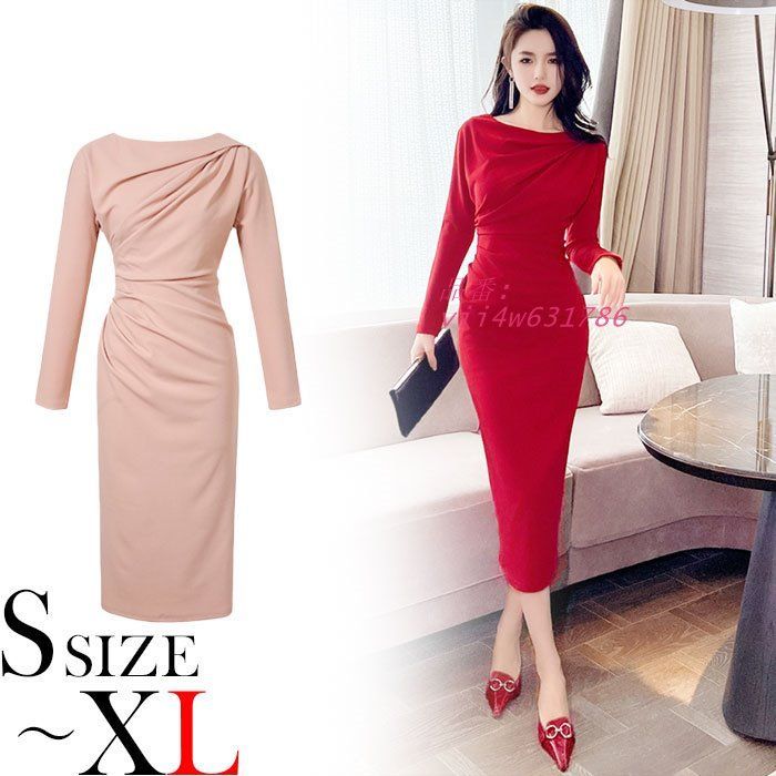 ショルダーゆったり加工 ウエストギャザーミモレ丈長袖タイトワンピース 赤 ピンク 結婚式 お呼ばれ 韓国 パーティー vii4w631786
