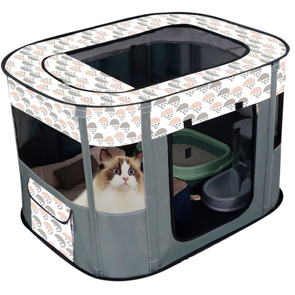 花柄グレー_Mサイズ Cutety 持ち運べる 折りたたみ式 ペットサークル 犬 猫 防災 アウトドア サークル ゲージ 中型犬対応 (Mサイズ， 花柄グレー)