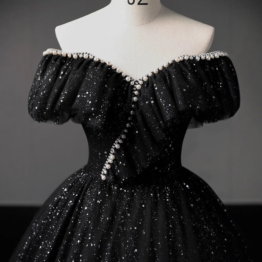 新しい ドレス 編み上げ ブラック オフショルダー ロングドレス 結婚式 二次会 発表会 演奏会 ウェディングドレス ウエディン USTAUSTRALIA_COM_AU