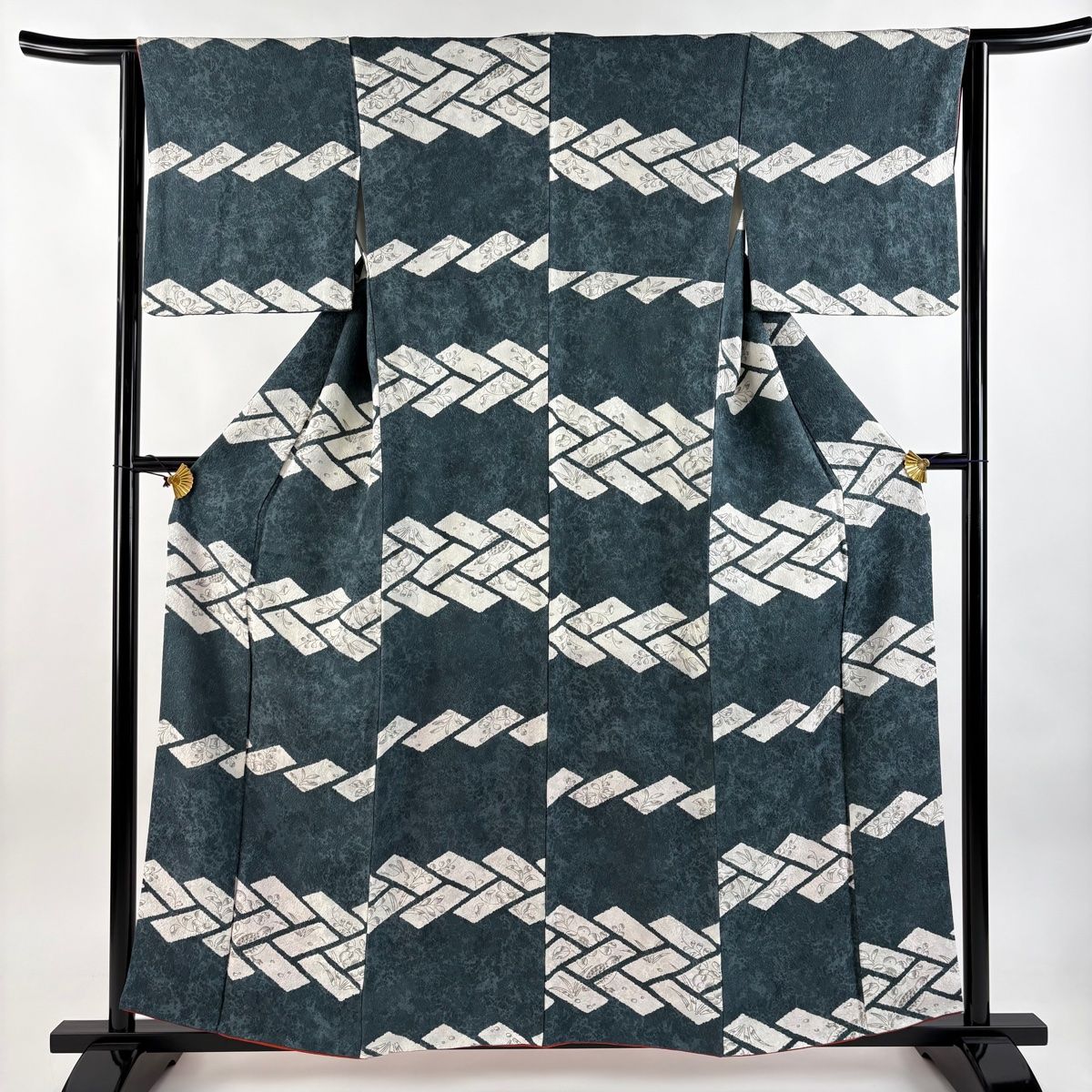 小紋 身丈158cm 裄丈62.5cm S 袷 うさぎ 桧垣 縮緬 深緑 正絹