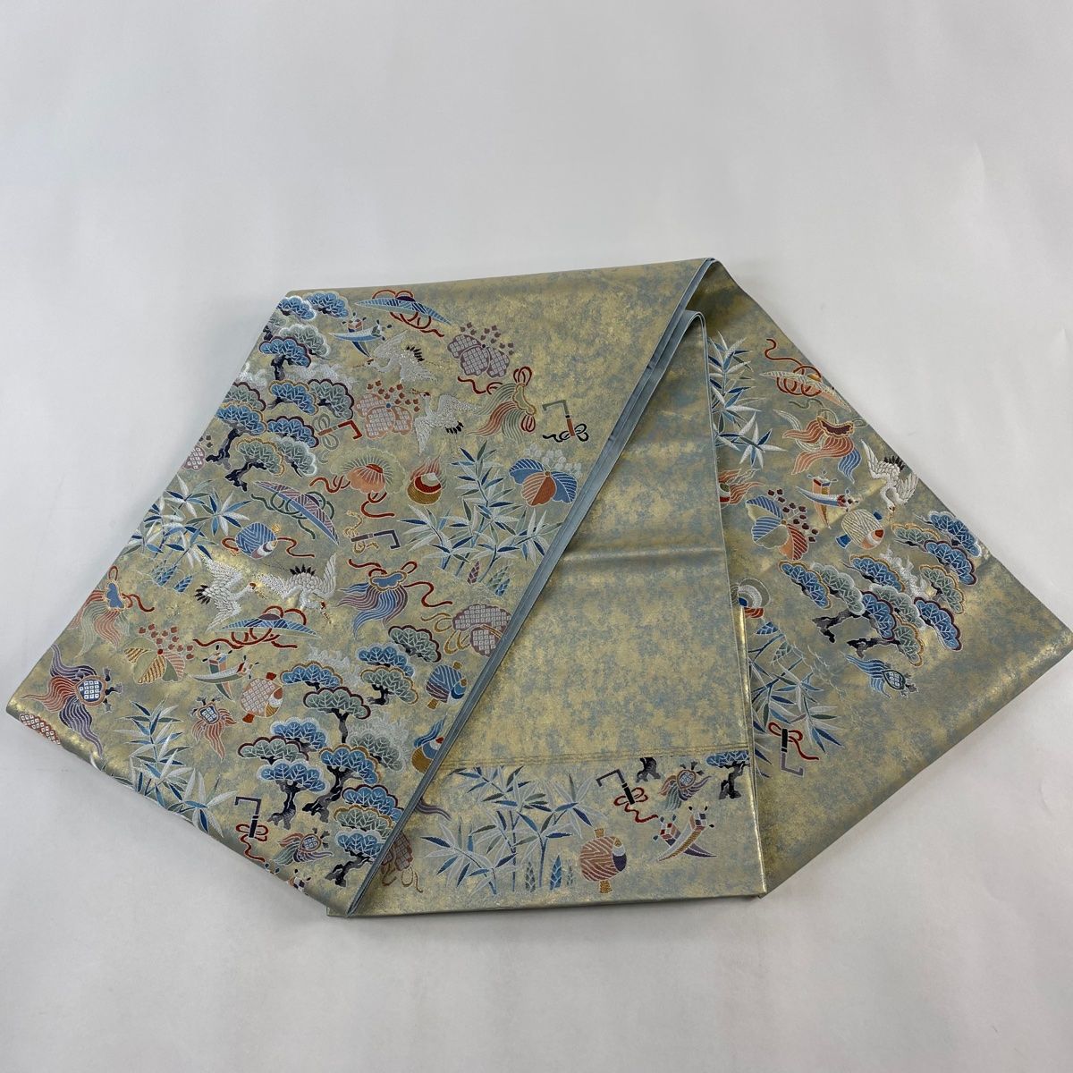 袋帯 美品 名品 落款 宝尽くし 鶴 金糸 箔 金色 お太鼓柄 正絹