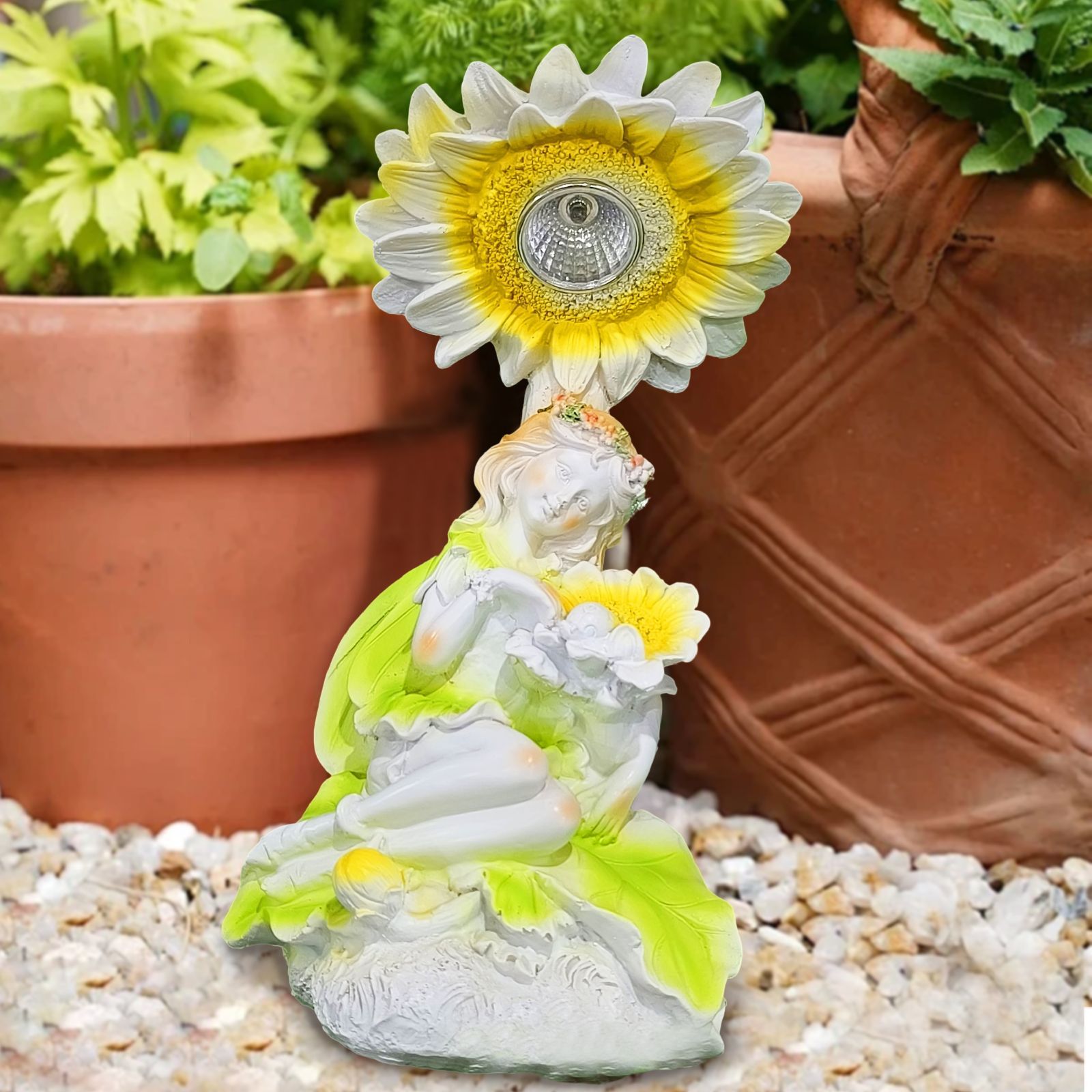 ソーラーライト ガーデンライト ガーデンオーナメント ヒマワリと妖精 向日葵 庭オブジェ 癒しグッズ ガーデニング お庭 玄関ライト 園芸装飾 インテリア オシャレ 防水 ギフト プレゼント ガーデンデコレーション オシャレ