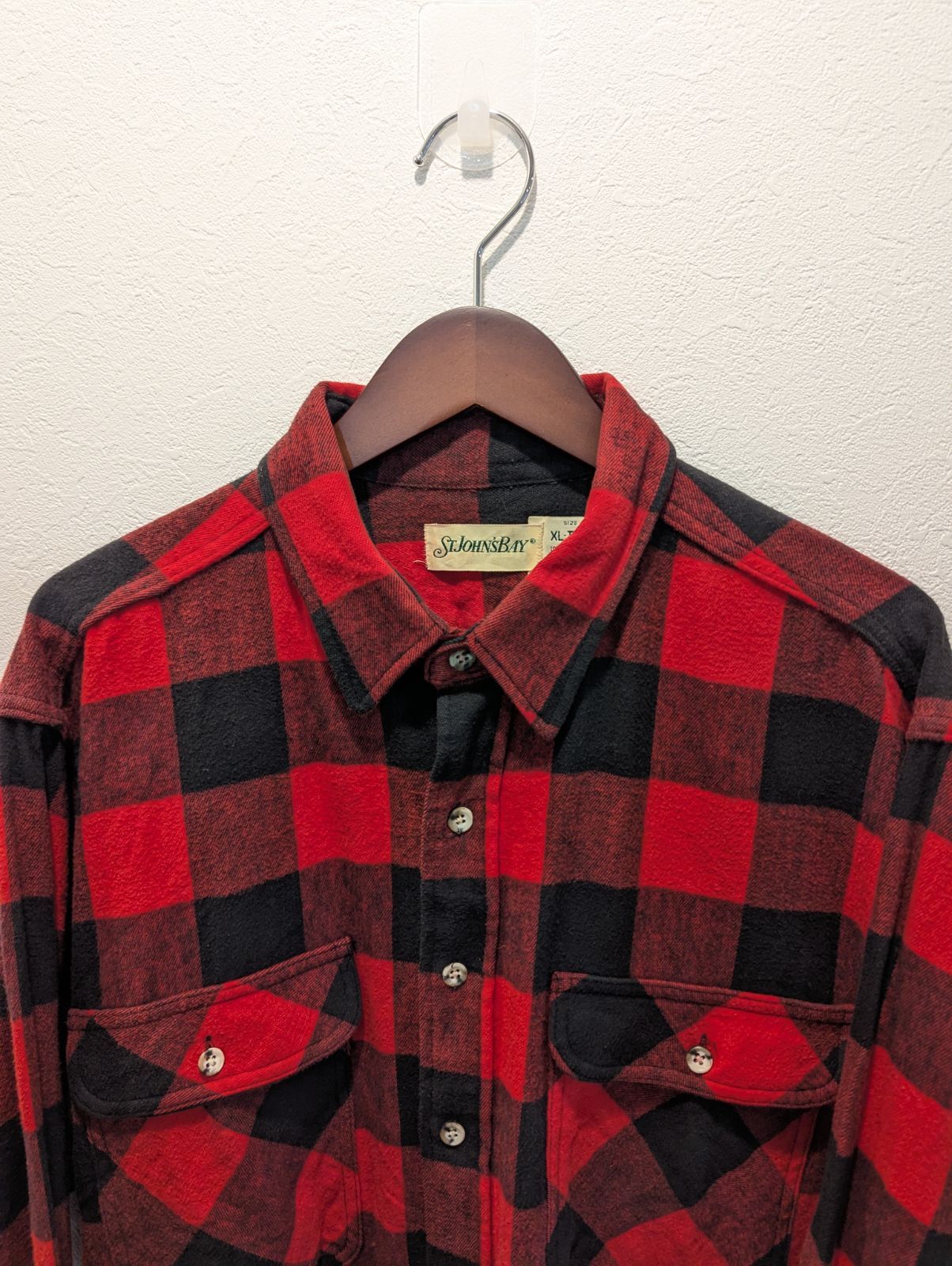 90 s ST JOHN S BAY セントジョンズベイ シャツ フランネル ブロックチェック 赤系 コットン 長袖