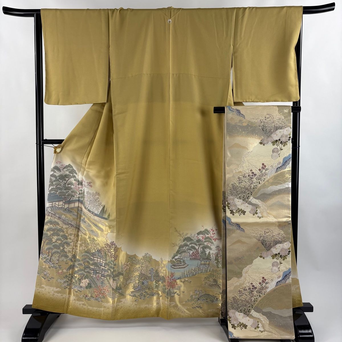 色留袖 身丈162cm 裄丈65cm M 袷 袋帯セット 石庭竜安寺図 松 金 からし色 正絹 秀品 一つ紋