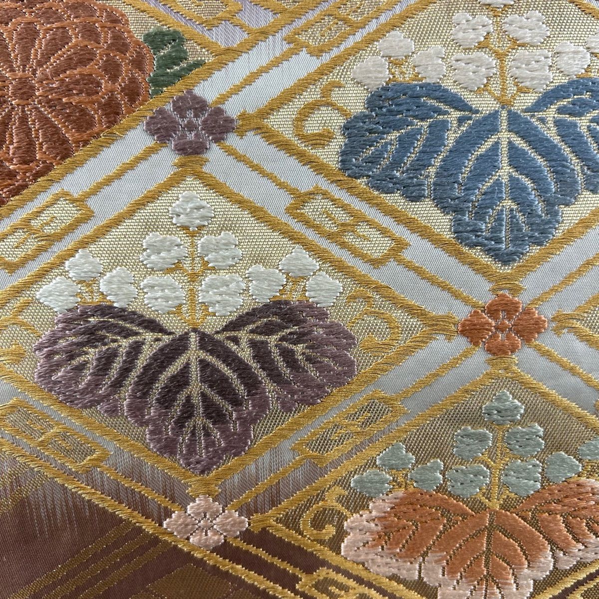 競ナビ】袋帯 名品 雪輪 草花 金糸 箔 灰紫 六通 正絹 【中古】 袋帯 秀