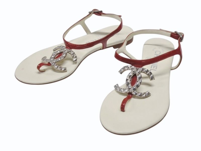 CHANEL シャネル パテント ココマーク トングサンダル パンプス パテントレザー アイボリー レッド サイズ35 1|2 4b006414