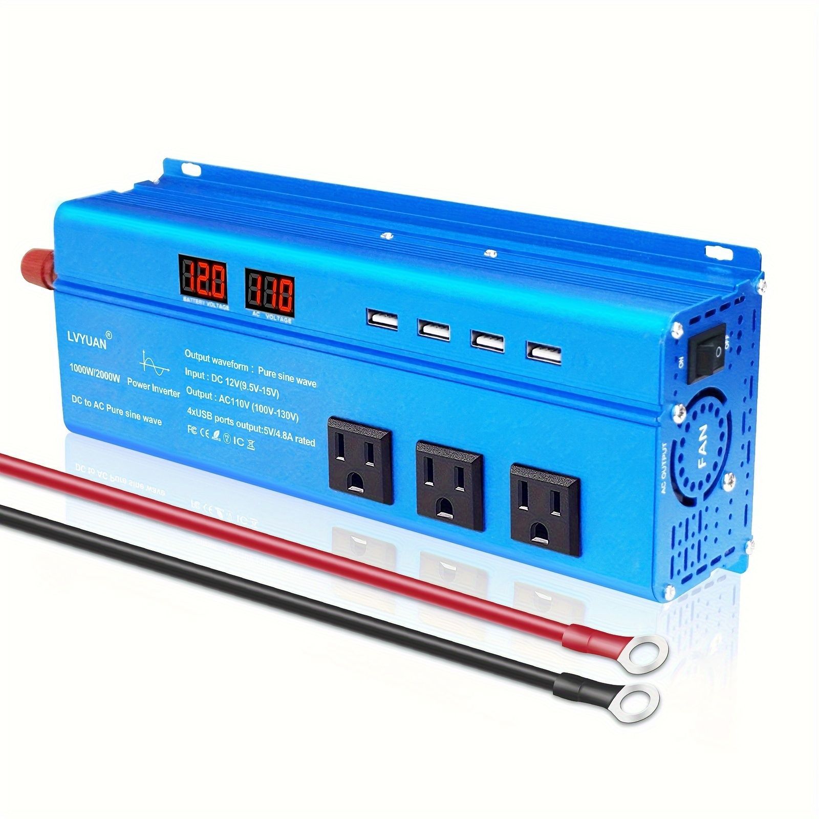 LVYUAN（緑電）インバーター 正弦波 12V 1000W 2000W（ピーク出力） DC 12V（直流）からAC 100V（交流）変換  3つのACコンセントと4つのUSBソケット付き。 車載インバーター 太陽光発電、防災、地震緊急用品、車、ボート、キャンプ - メルカリ