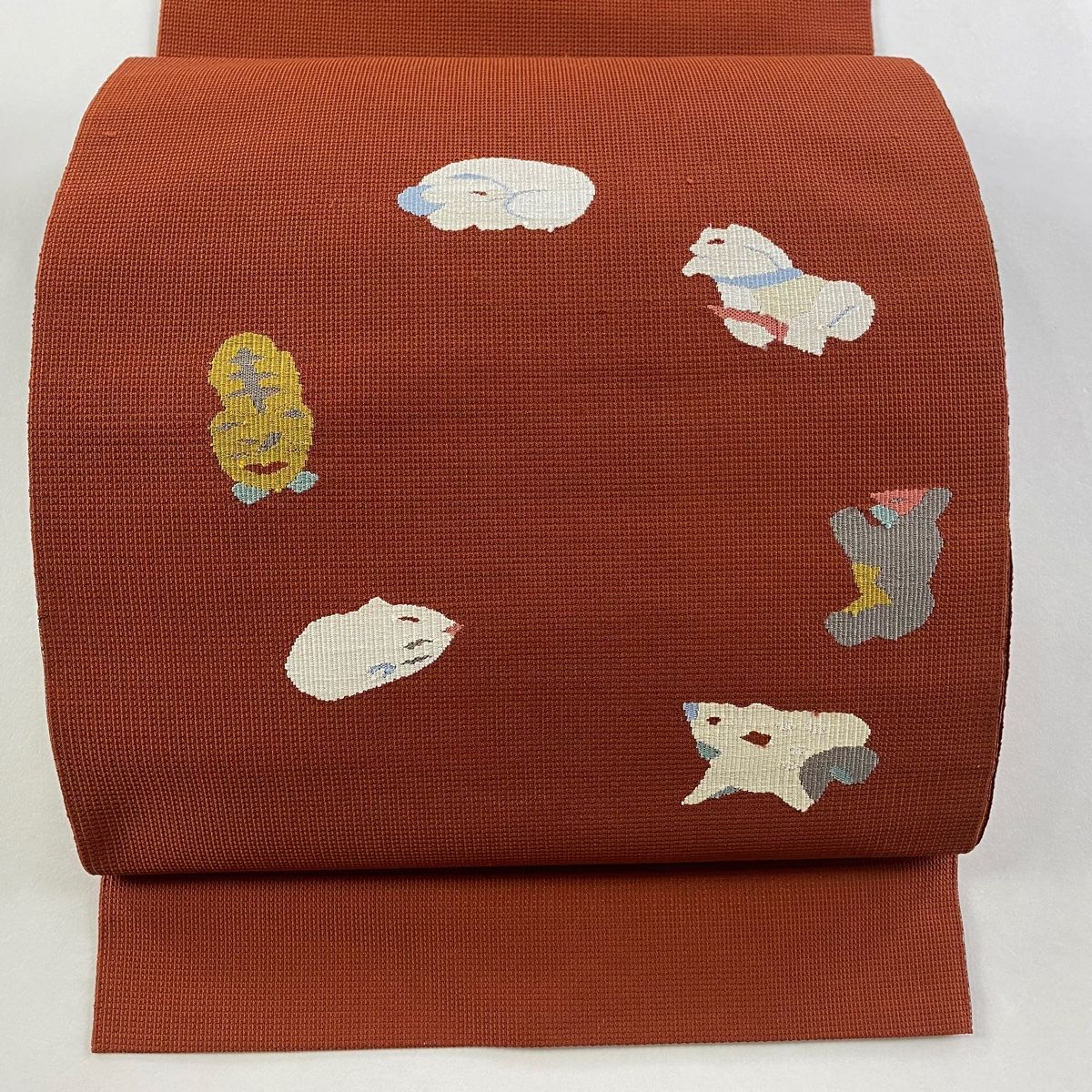 美品】 名古屋帯 秀品 松葉仕立て 八寸名古屋帯 紬地 動物 赤茶