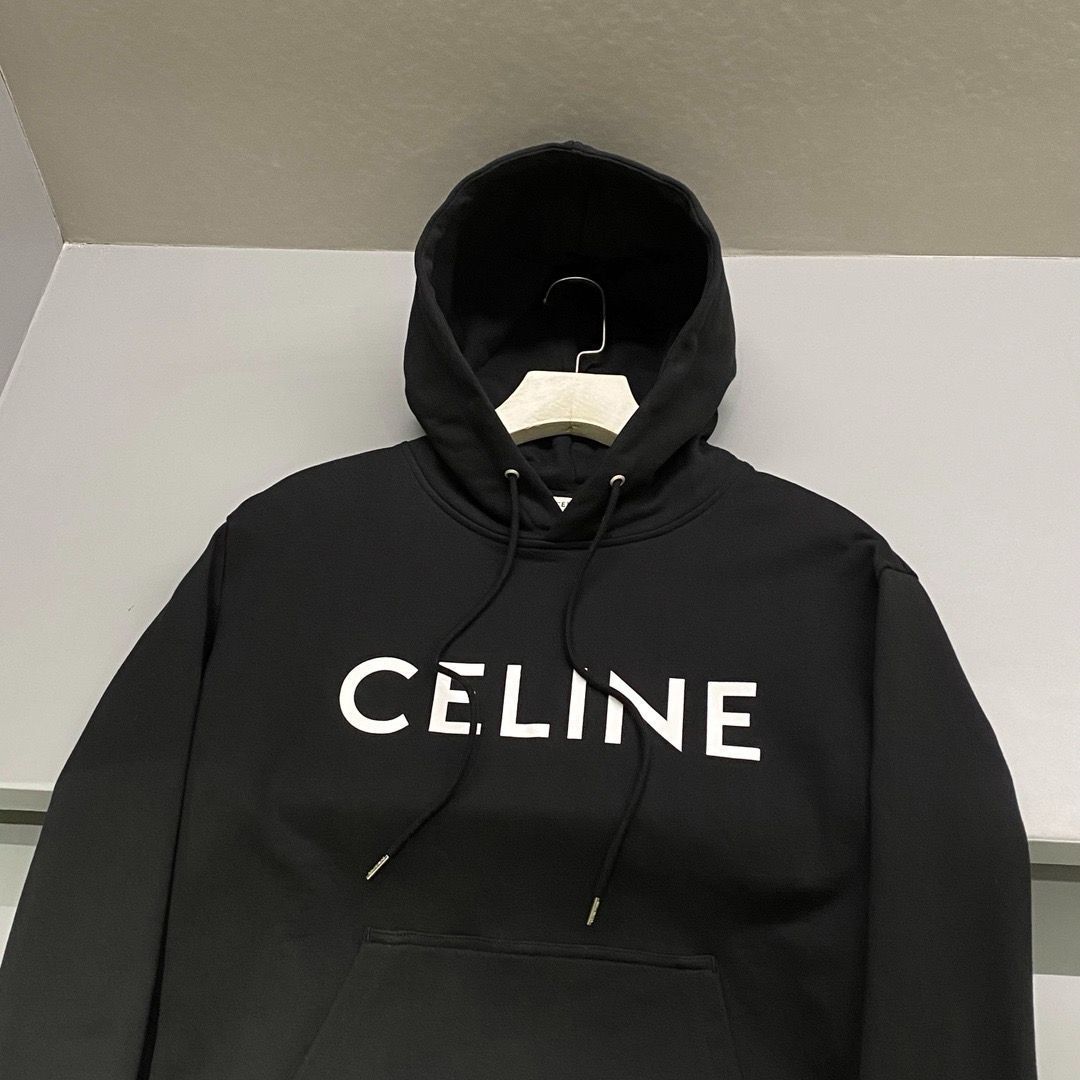 Celine セリーヌ 黒生地パーカー 白ロゴ 男女兼用 - トップス