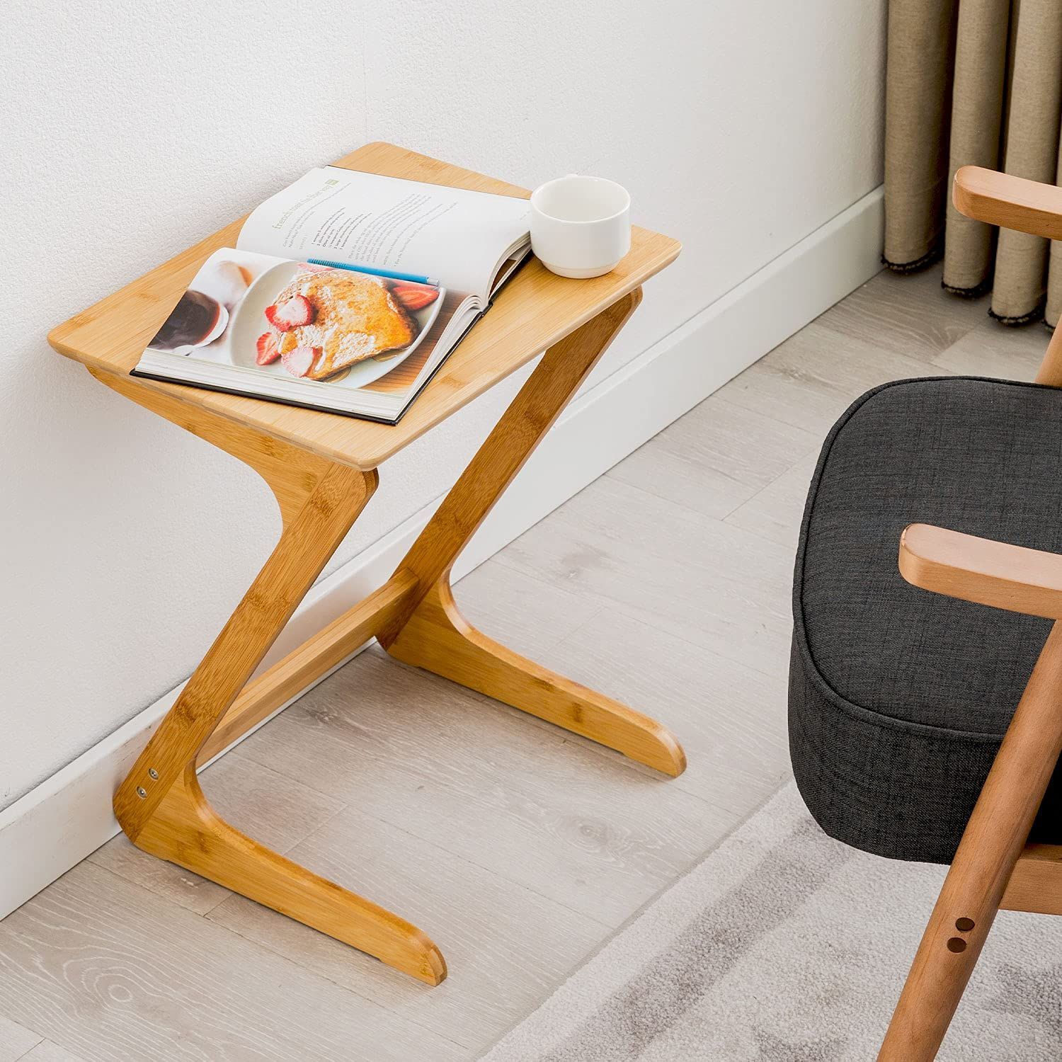 サイドテーブル ノートパソコンテーブル 竹製 ソファ ベッドサイドテーブル Z字型が使い勝手の良い おしゃれ ナチュラル リビング ブラウン 原木 45 35cm ナチュラル