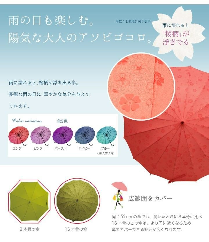 傘 雨に濡れると桜柄が浮出る傘 「露桜傘」 16本骨 ジャンプ傘 55cm