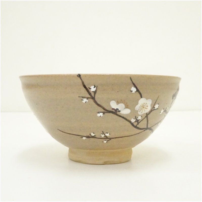 萬古焼 松古窯 佐久間芳山造 梅に鶯鳥茶碗（共箱）茶道 抹茶 おしゃれ