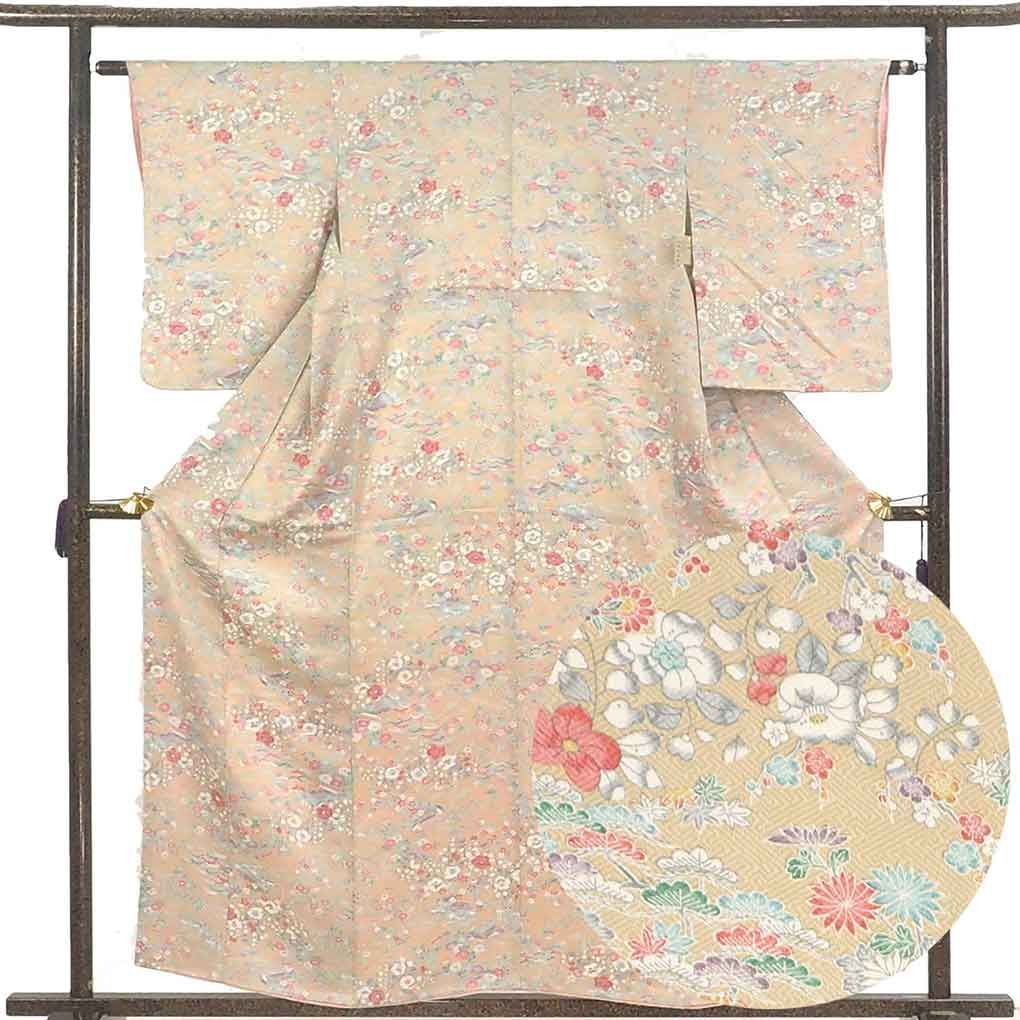 小紋 身丈158cm 裄63cm 前幅22cm 後幅28cm 袖丈56cm 袖幅32.5cm レディース 袷 花柄 裄Mサイズ 秋冬春用 正絹 シルク ブラウン リメイク リユース リサイクル 呉服のきくや