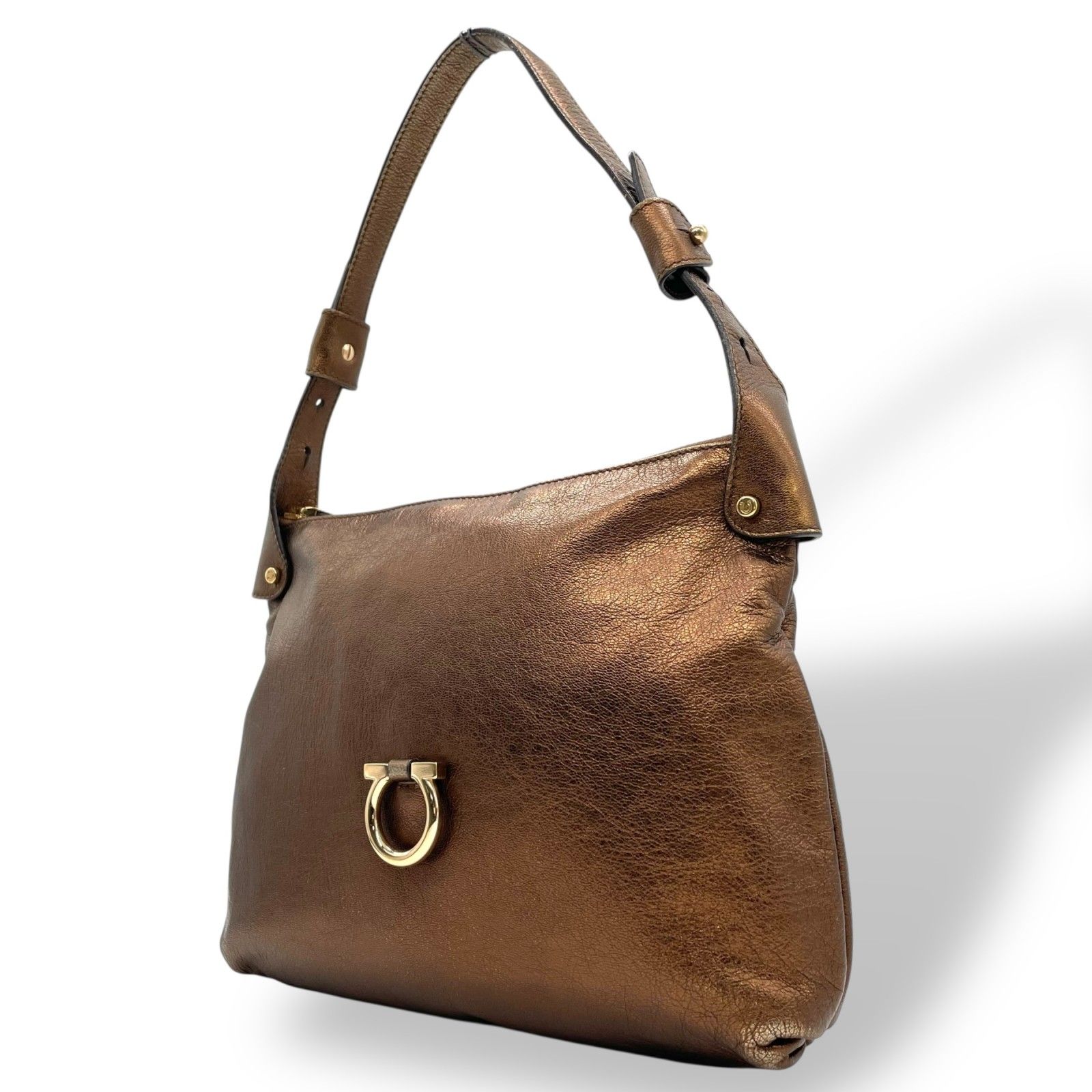 Salvatore Ferragamo ブラウン系レザー ハンドバッグ Salvatore Ferragamo ブラウンレザーハンドバッグ 日本直送 名牌中古包