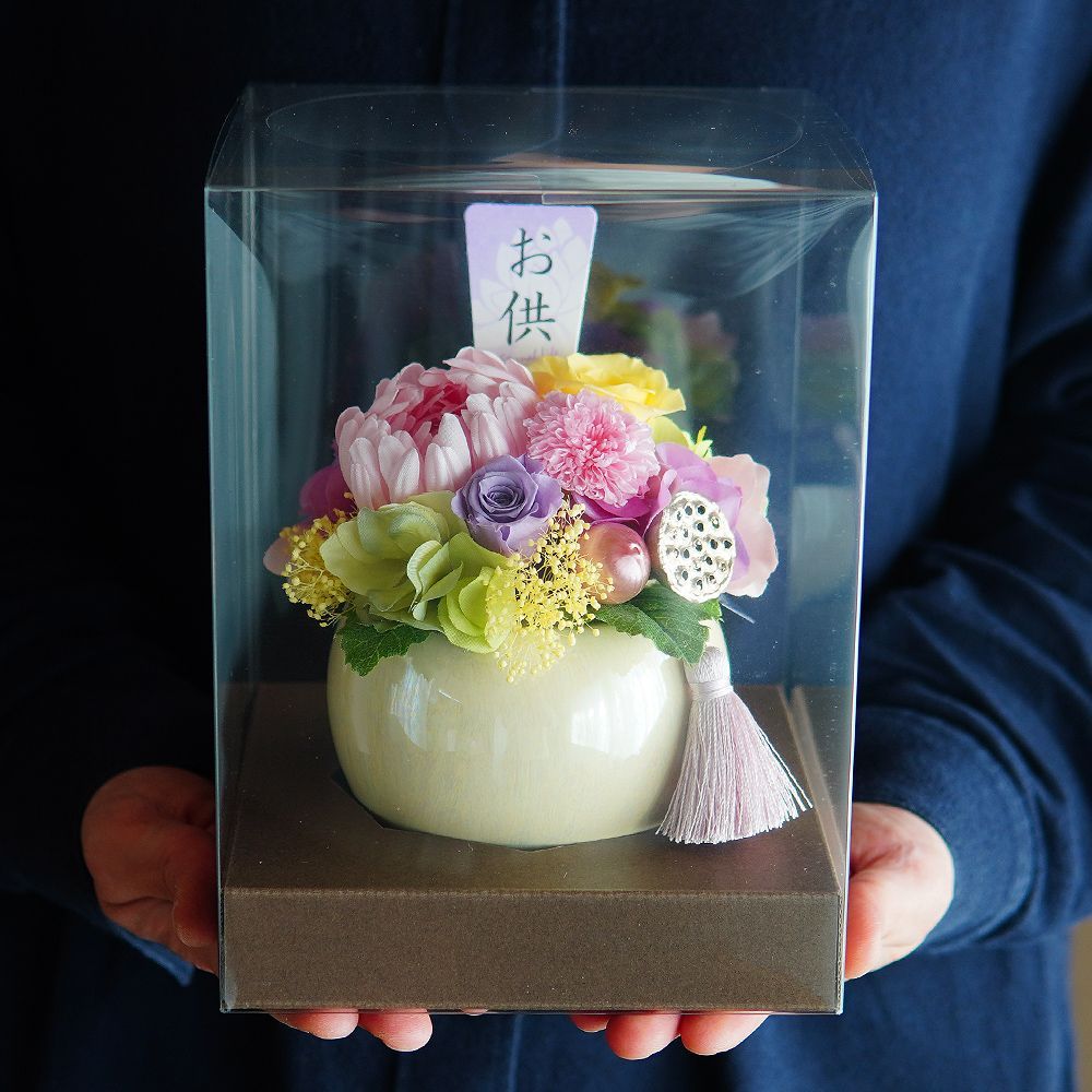 プリザーブドフラワー ボックスアレンジメント　お盆　お供え クリアケース入り お盆 新盆 初盆 仏花 プリザーブドフラワー お仏壇用