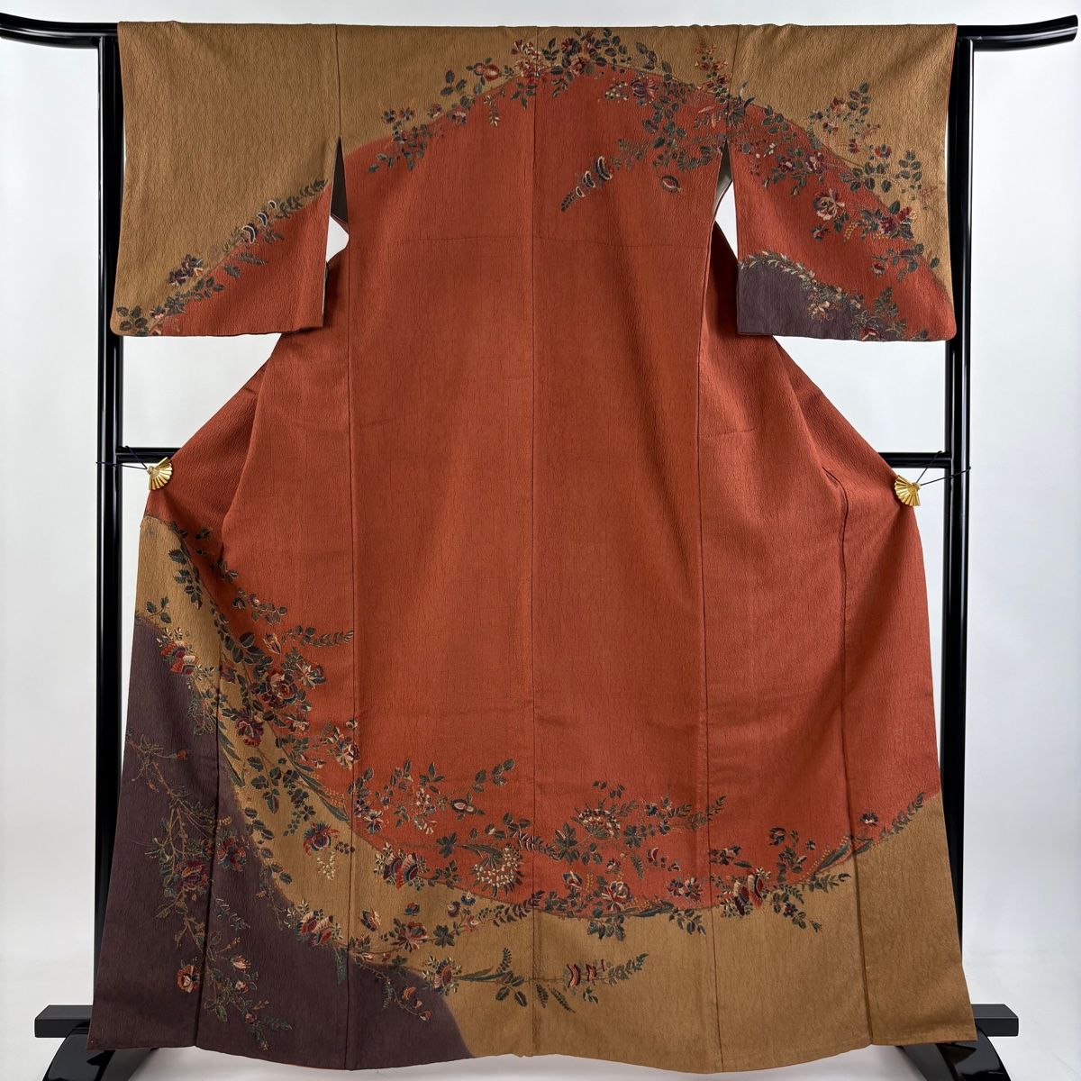 訪問着 身丈165cm 裄丈64cm M 袷 やまと 草花 染め分け 赤茶 正絹 秀品