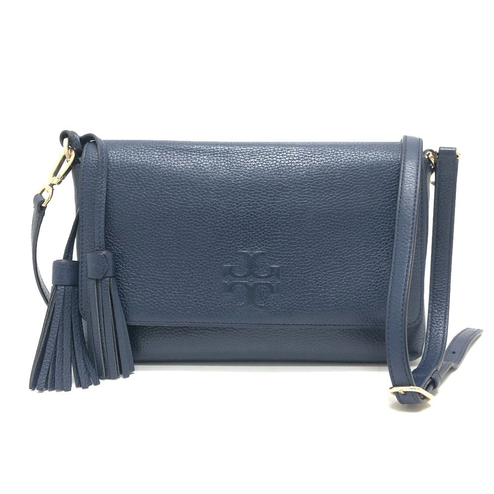 【美品】トリーバーチ ショルダーバッグ レザー シボ革 ロゴ金具 ブルー系 美品】トリーバーチ ショルダーバッグ レザー シボ革 ロゴ金具