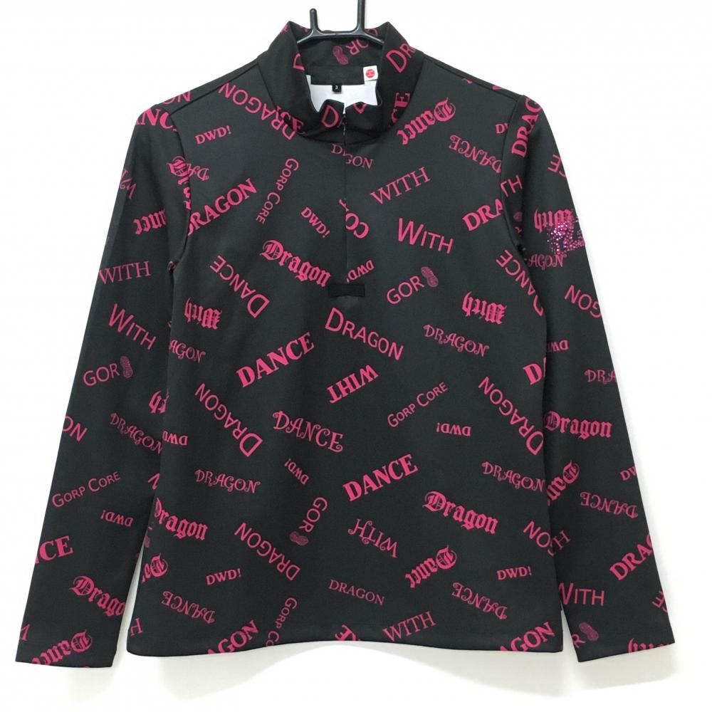 特価【超美品】ダンスウィズドラゴン 長袖ハイネックシャツ 黒×ピンク ハーフジップ レディース 3(L) ゴルフウェア Dance With Dragon