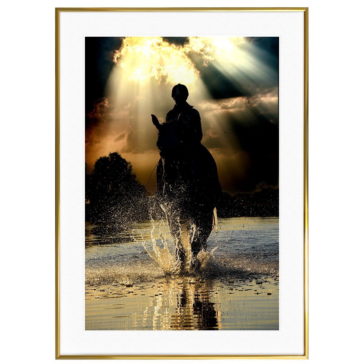 夕日写真 川を疾走する馬 インテリアアートポスター額装 AS1676