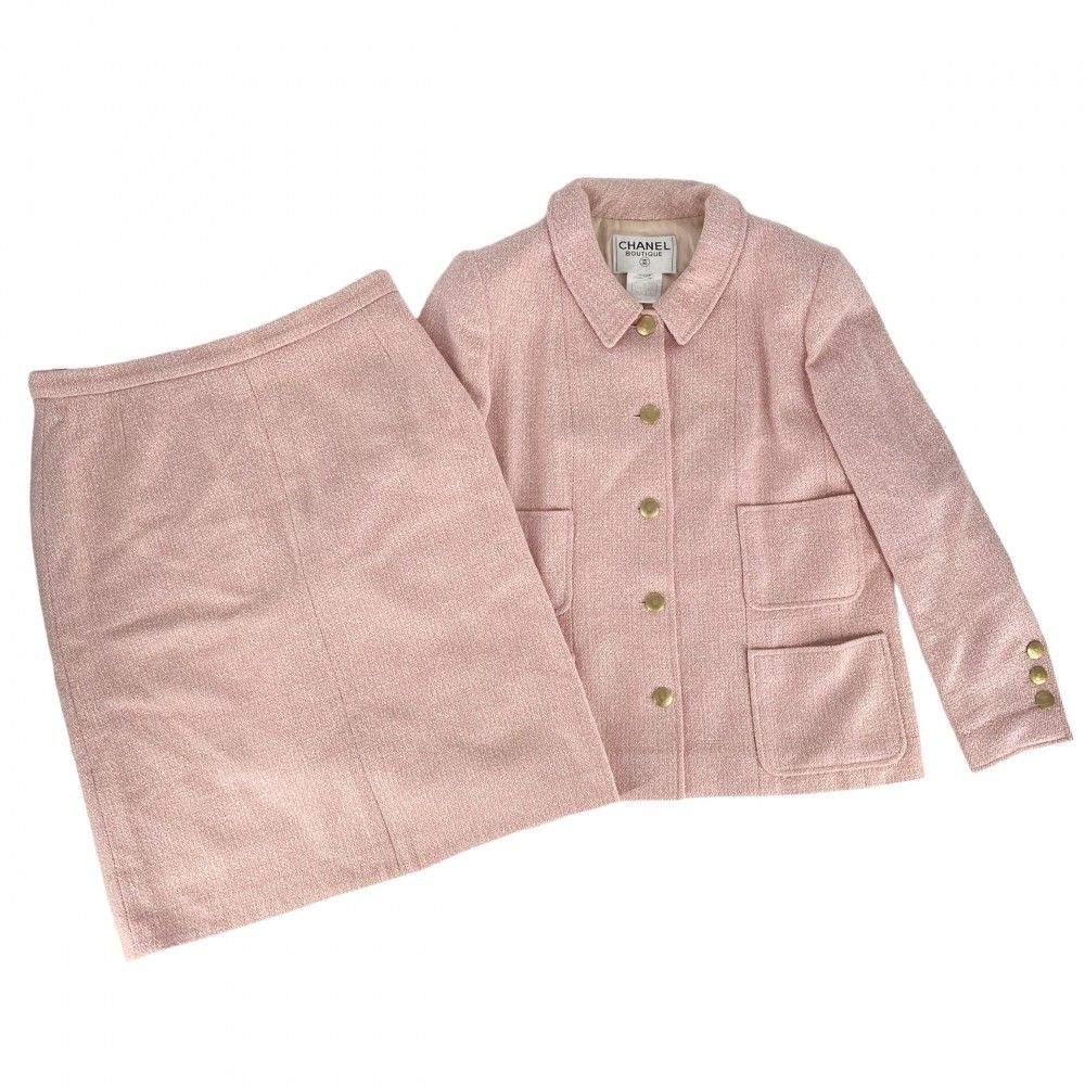 シャネル セットアップ レディース ココボタン ツイードセットアップ ジャケット スカート ヴィンテージ アパレル 服 CHANEL 42 ピンク ゴールド金具 ウール コットン シルク ナイロン 春 秋 品