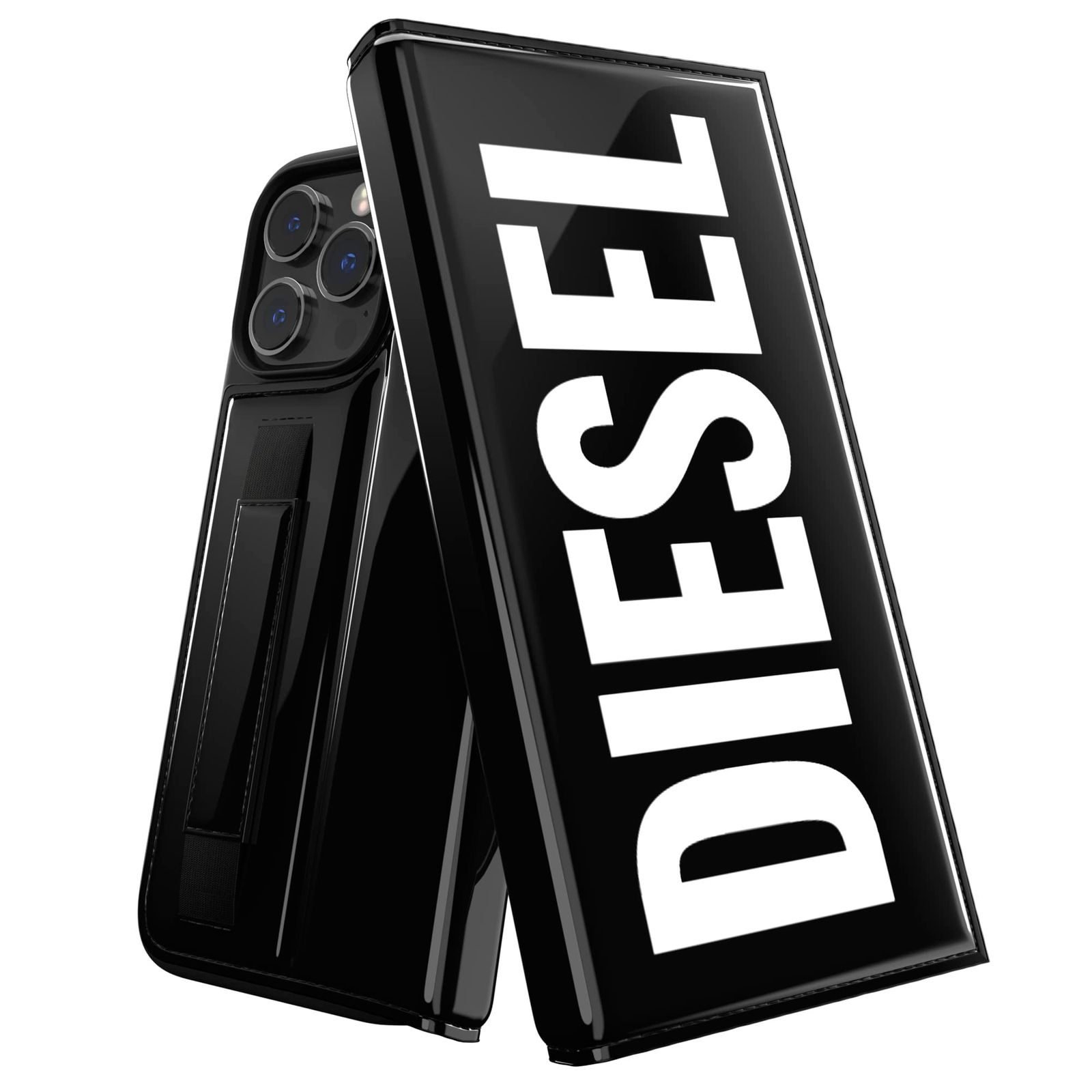 【新着商品】DIESEL iPhone14ProMaxケース 手帳型 スマホケース カードケース 落下防止ベルト バンド付き FW22（ディーゼル ブランド ロゴ iPhone 14 Pro Max 手帳型ケース ブラック）