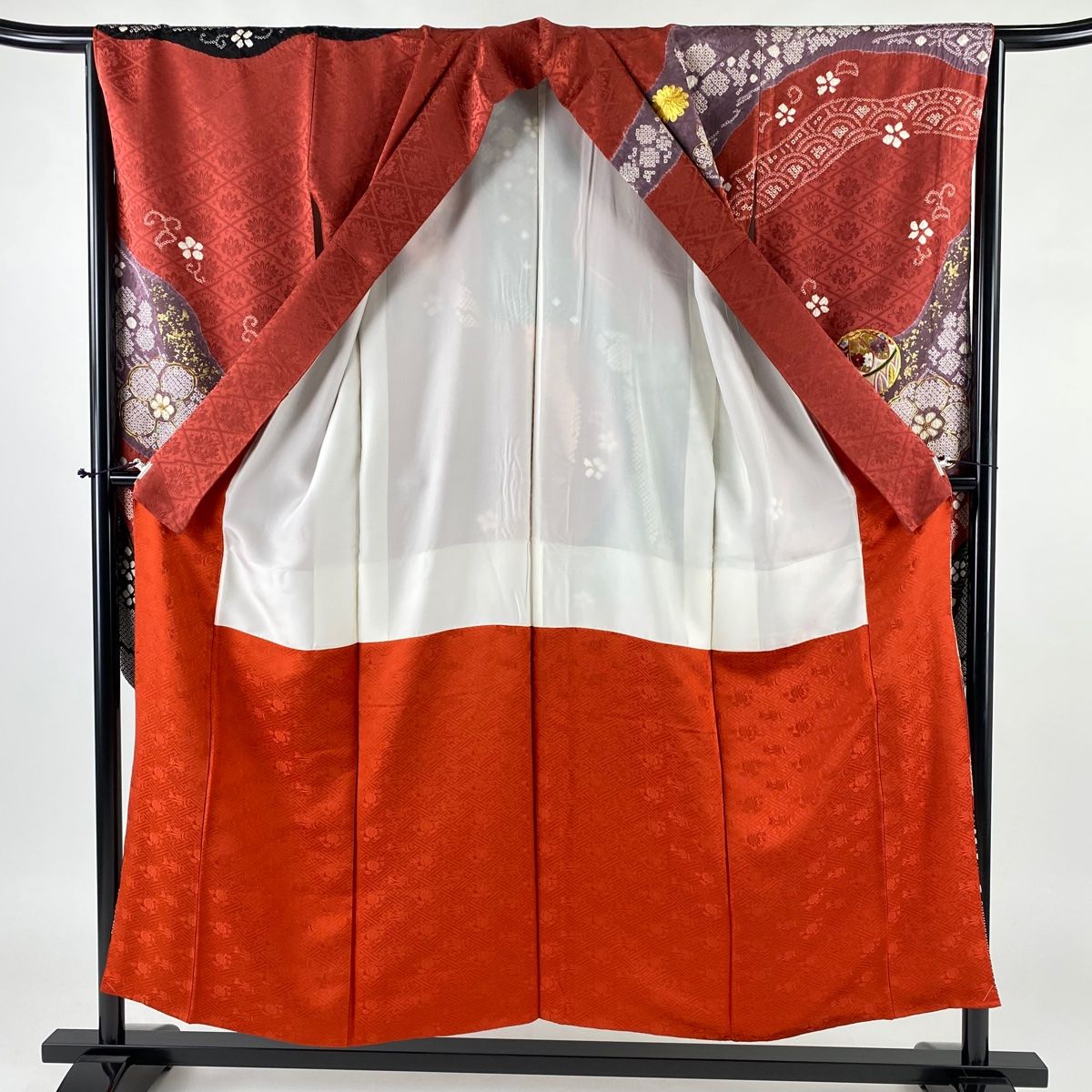 M190　振袖　身丈154cm　無地 振袖 身丈154cm 裄丈64cm M 袷 鞠 梅 金糸 刺繍 えんじ色 正絹