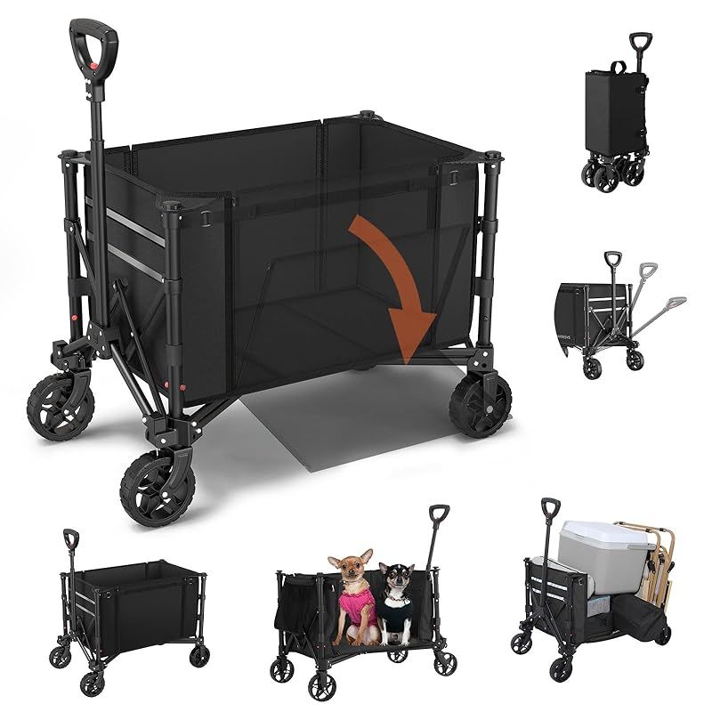 Housolution キャリーワゴン 大容量120L 耐荷重100kg アウトドアワゴン 折り畳み式キャンプカート ワンタッチ収束式 自立収納 静音 キャンプ|砂浜|釣り|引越し|買い物|ゴミ出し 収納カバー付き Black 1