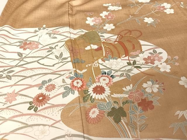 平和屋着物○訪問着 駒刺繍 舞扇草花文 金糸 金彩 正絹 逸品